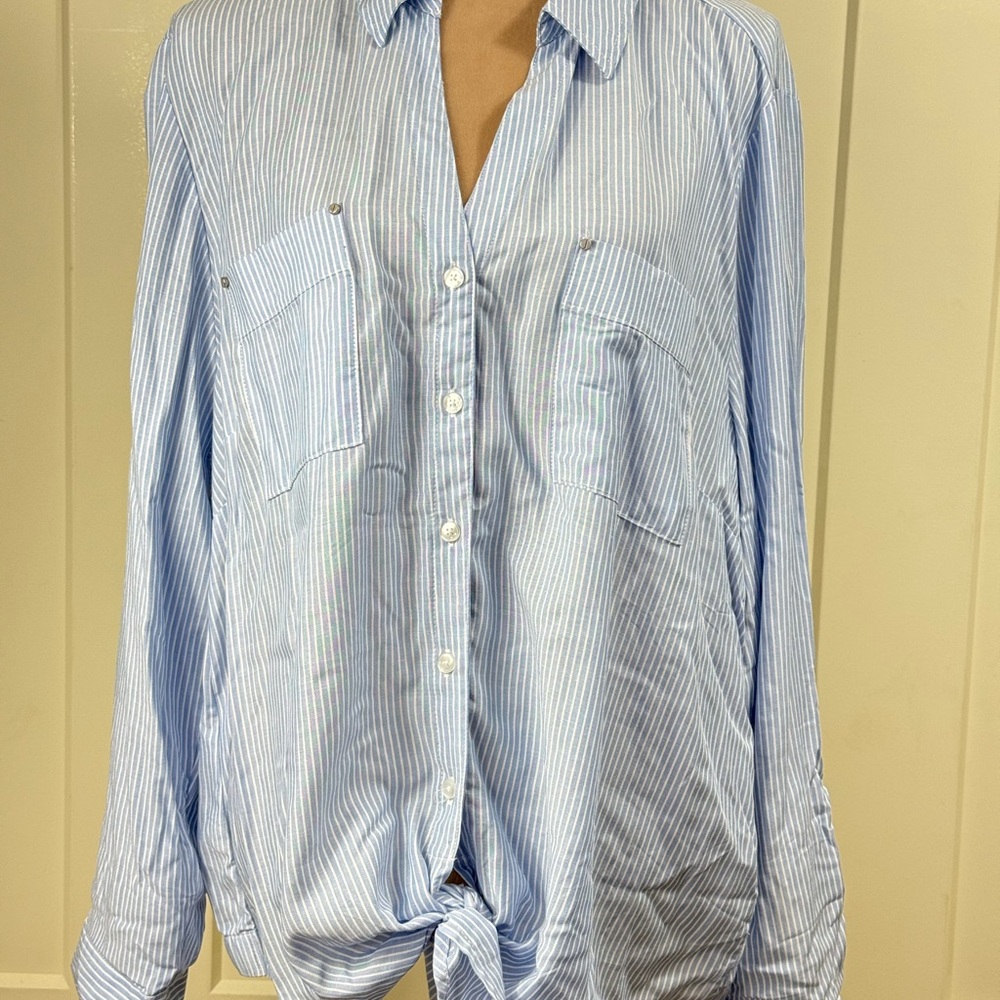 Jones New York Womens XXL Alameda Stripe Tie Waist‎ Roll Tab Sleeve Pockets Blue